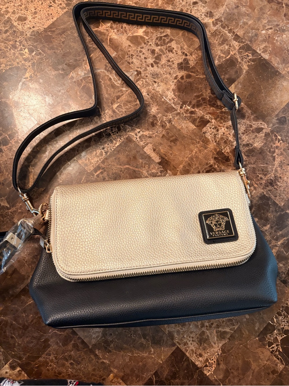 Versace Two-Tone Cream and Black Leather Crossbody with Medusa Plaque